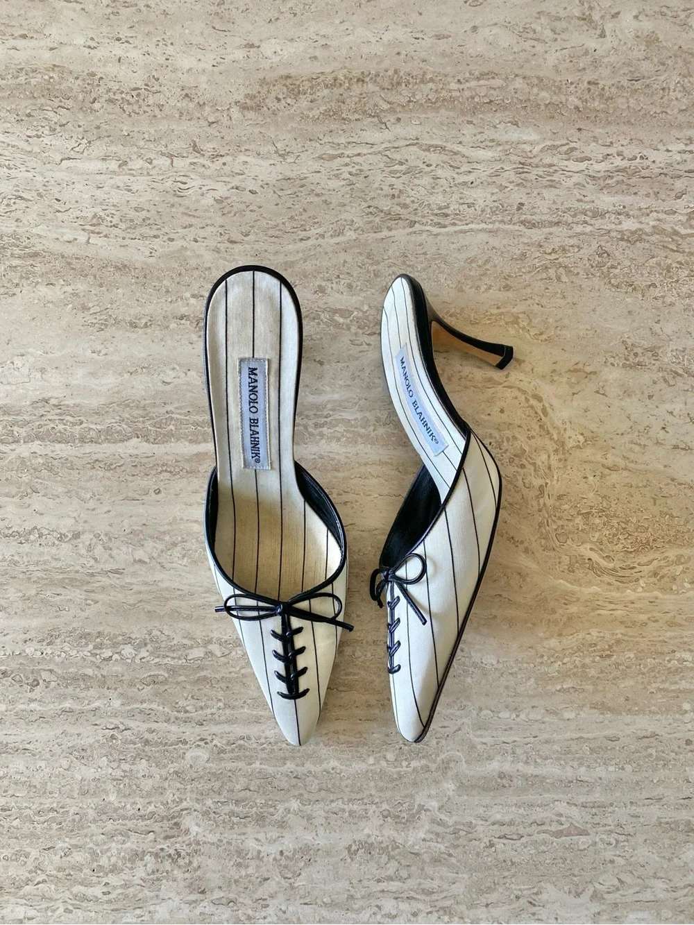 Vintage Manolo Blahnik Pinstripe Bow Mule Heels - Picture 2 of 12